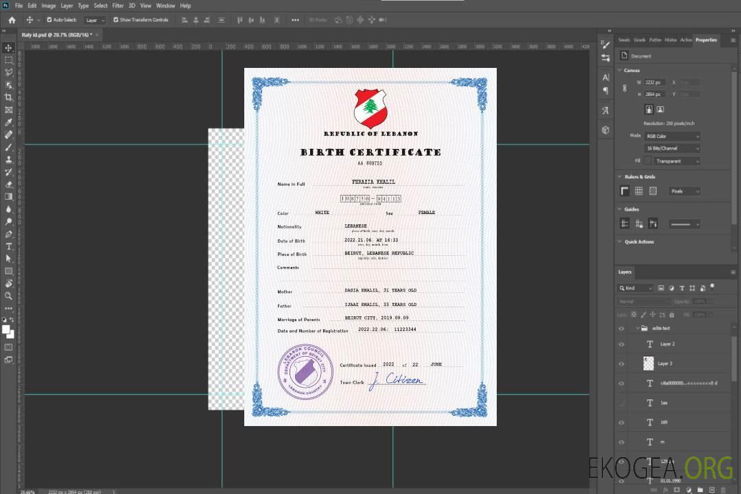 Modèle PSD de certificat de naissance de l'état civil du Liban template Modèle PSD de certificat de naissance de l'état civil du Liban template
